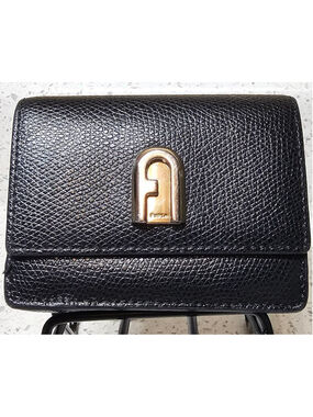 Compact Tri-Fold Black Furla Wallet with Gold hardware
